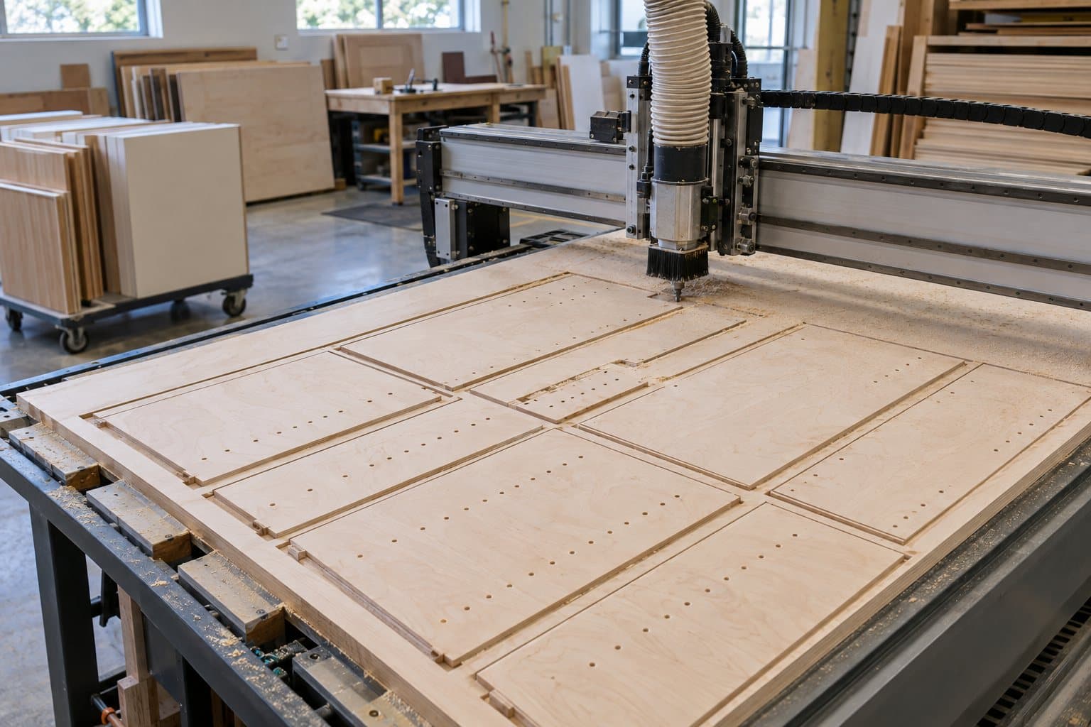 CNC router cutting cabinet parts from a sheet of plywood