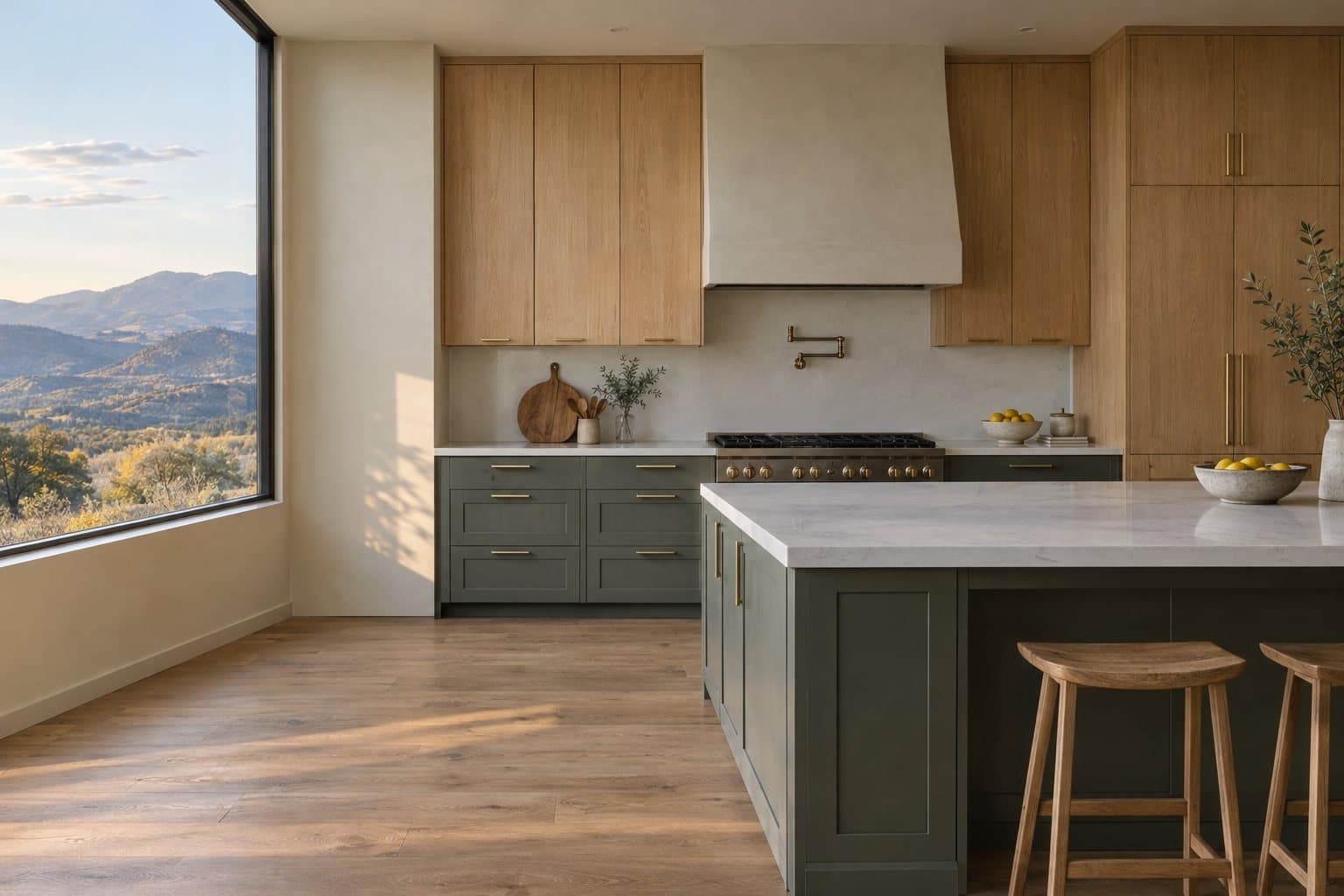 Kitchen with green-gray painted Shaker lower cabinets, white oak slab upper cabinets and an island, with a foothills view