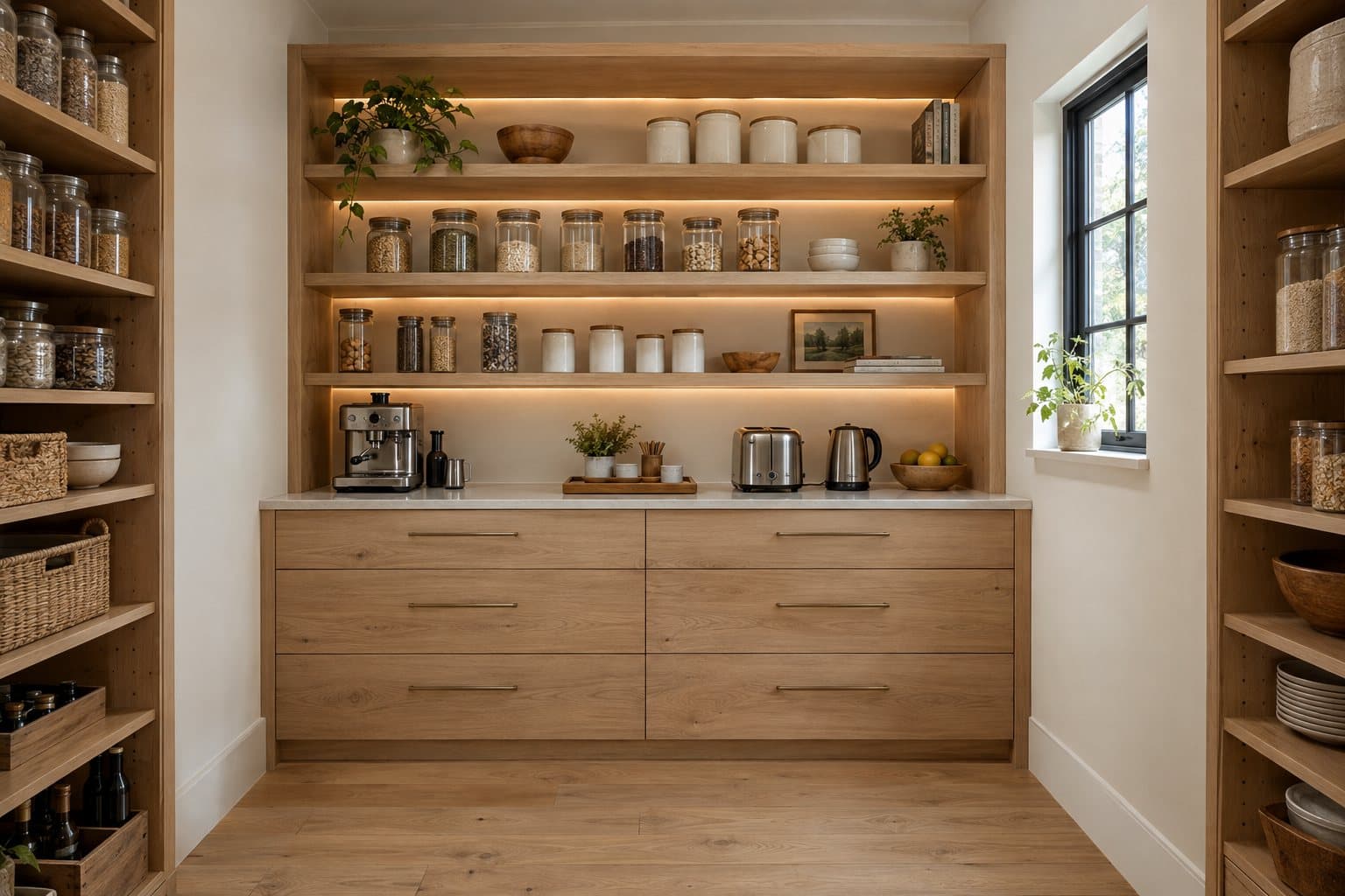 White oak walk-in pantry with drawers, appliance counter and open shelves