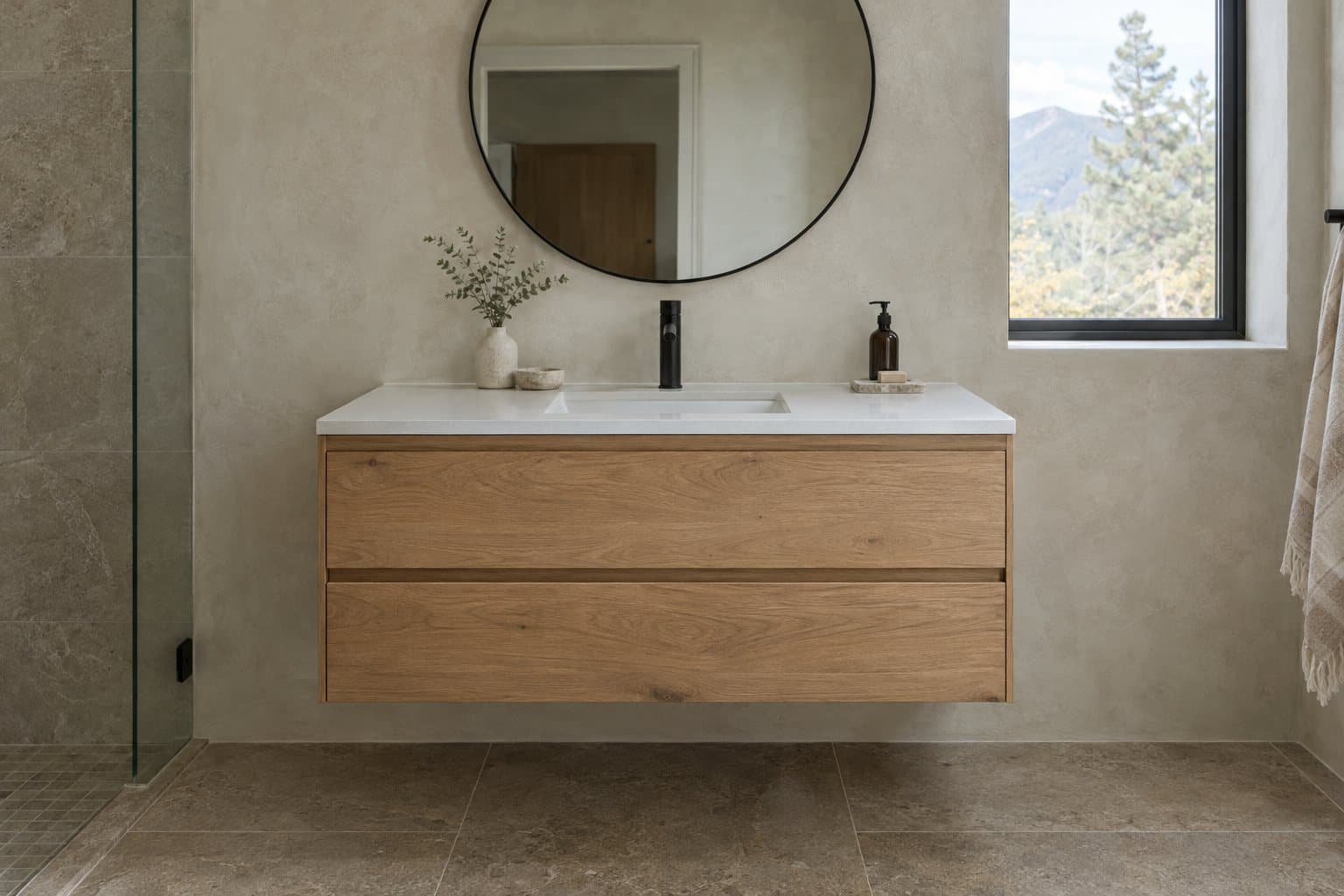 Floating white oak bathroom vanity with drawers